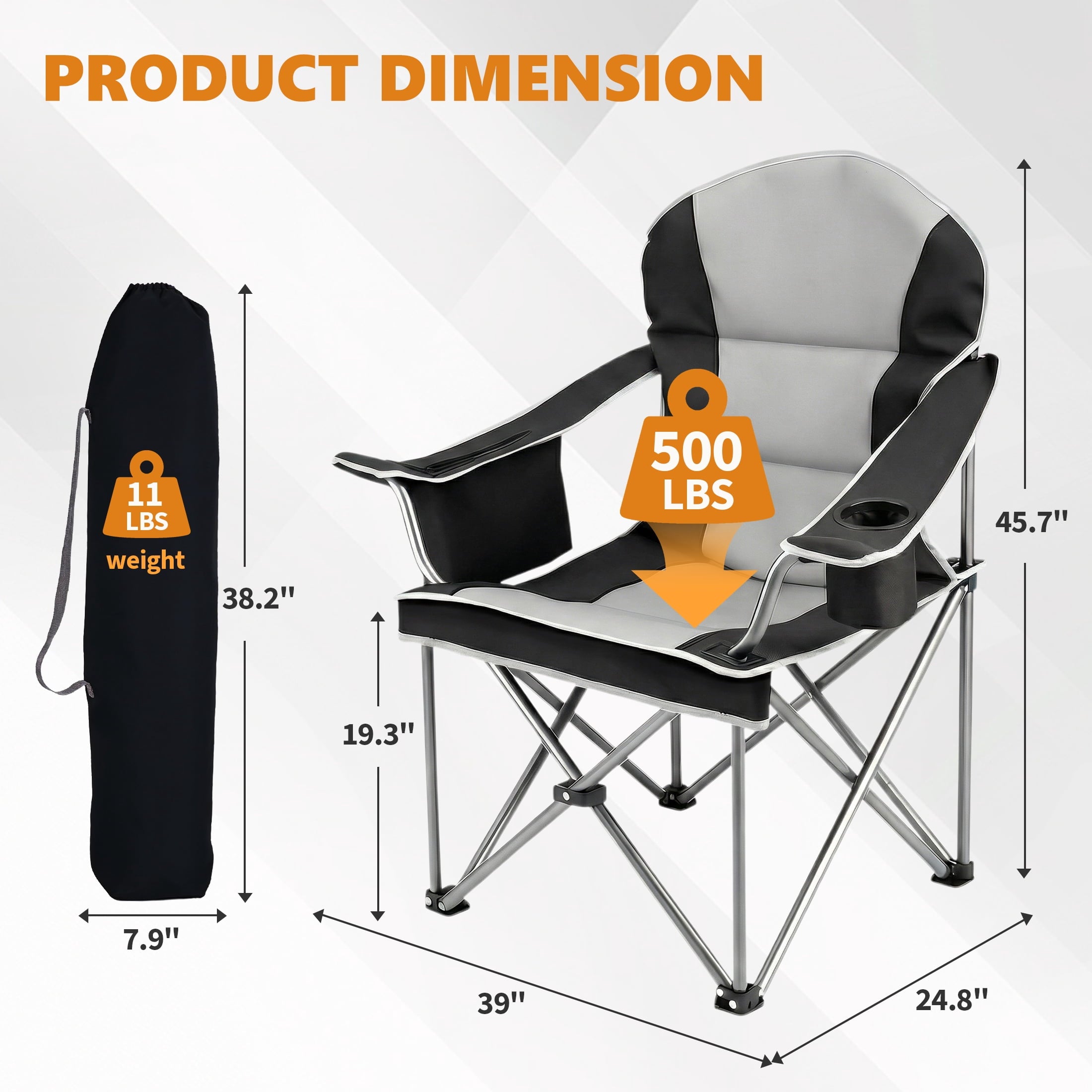 EDX Heavy Duty Camping Chair 500 lb Capacity, Oversized Extra Wide for Adults, Padded High Back Folding Lawn Chair, 500 lbs Steel Frame, Portable Outdoor Camping Chair with Cup Holder, Red Gray