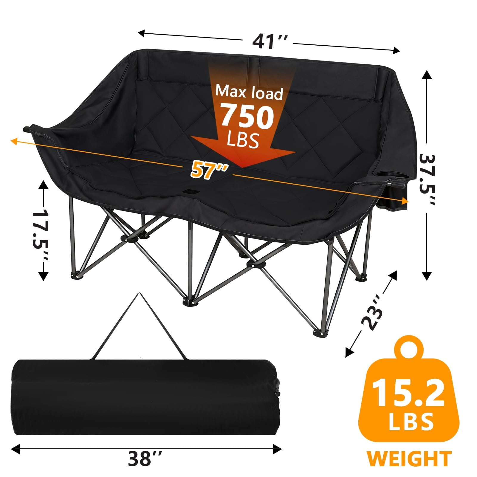 SUNSPIRE Oversized Camping Chair 2 Person Loveseat Heavy Duty Folding Outdoor Couch 750 lbs Padded Double Duo Sofa with Cup Holders Black