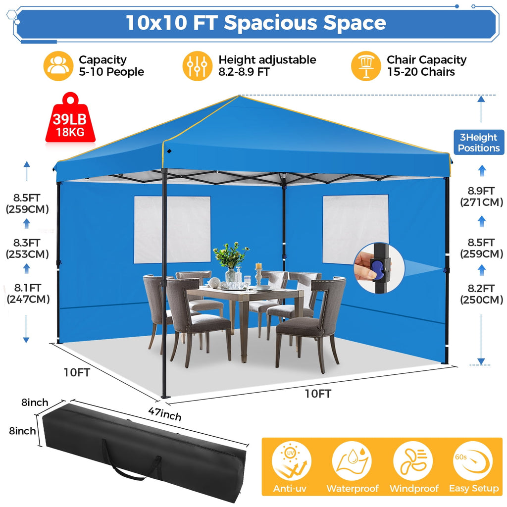 HOTEEL Pop up Canopy Tent 10x10 Commercial Instant Canopy with 4 Sidewalls & Carry Bag,Portable Tent for Parties Beach Camping Party Event Shelter Sun Shade,Dark Blue