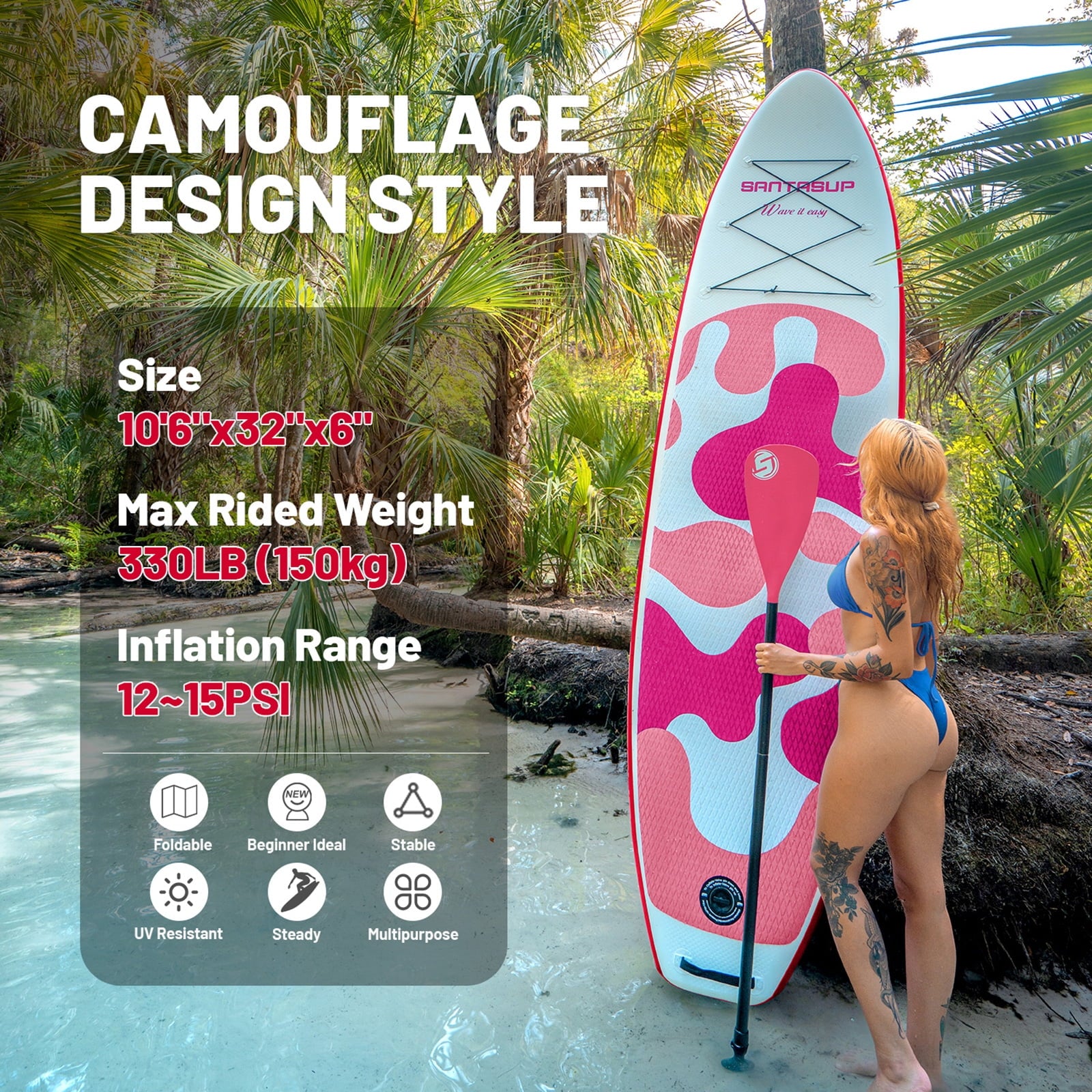 Santasup Blow Up Paddle Board Inflatable Paddle Board For Adults, 10ft Stand Up Paddleboard, Sup Board With Sup Accessories, Non-Slip Deck, Adjustable Paddle, Travel Backpack Wide Stance Pink