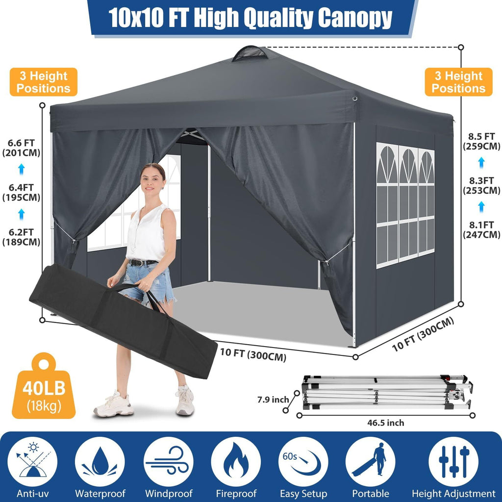 HOTEEL 10x10ft Popup Canopy Waterproof Canopy with 4 Sidewalls Outdoor Commercial Instant Shelter Beach Camping Canopy Tent for Party, Black