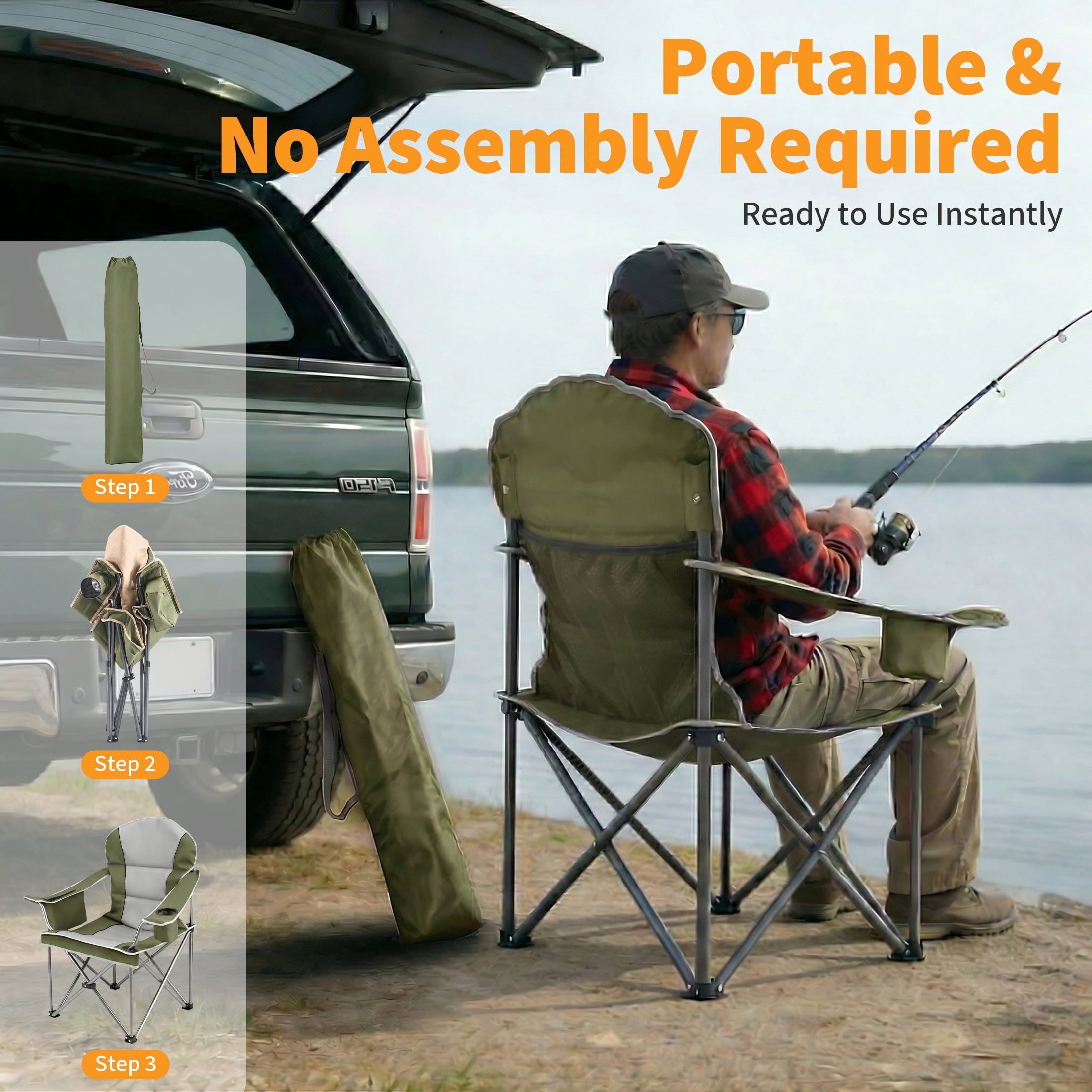 EDX Heavy Duty Camping Chair 500 lb Capacity, Oversized Extra Wide for Adults, Padded High Back Folding Lawn Chair, 500 lbs Steel Frame, Portable Outdoor Camping Chair with Cup Holder, Red Gray