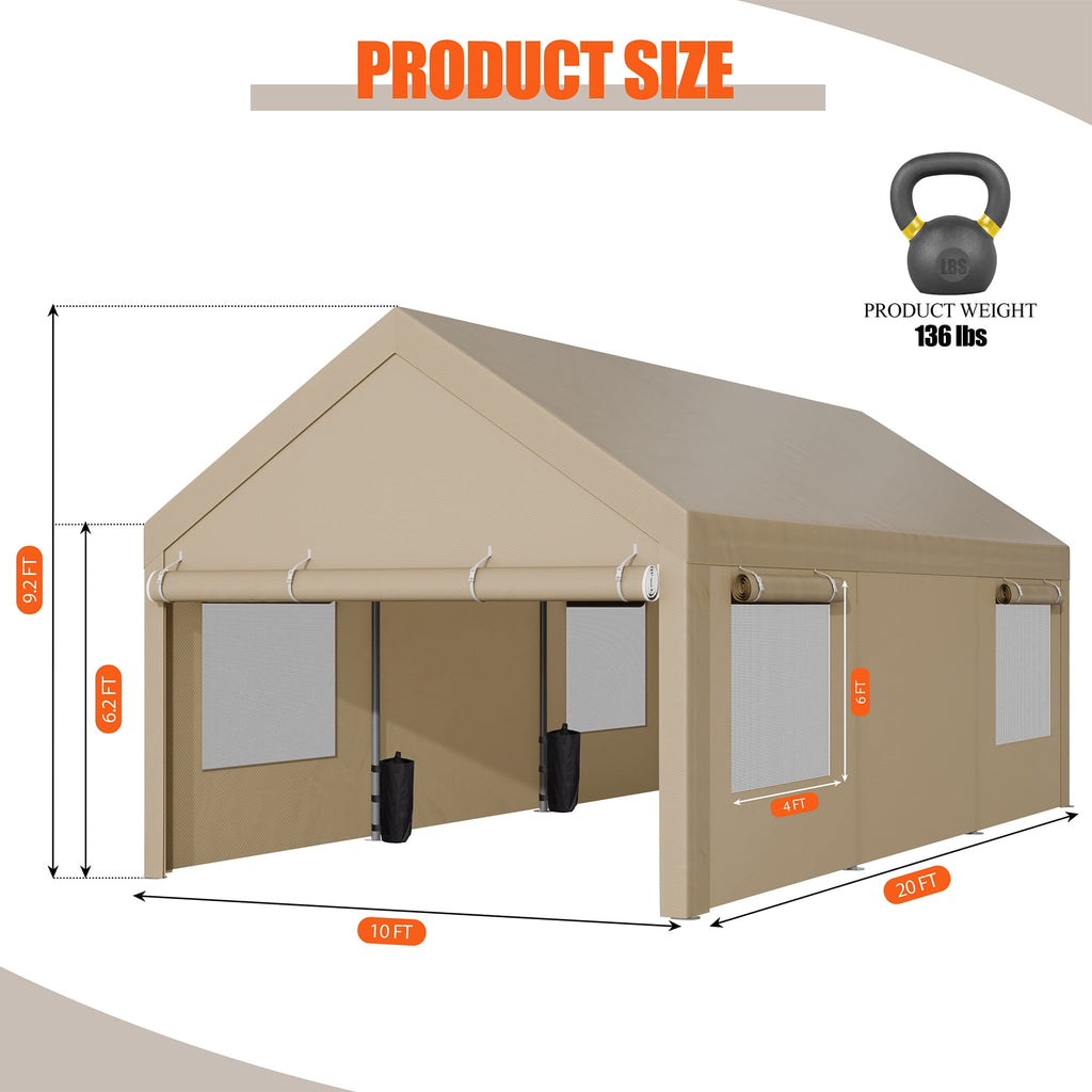 Walsunny 10x20 ft Carport with 4 Sandbags Heavy Duty Car Canopy with Roll-up Windows Portable Garage with Removable Sidewalls & Doors Khaki