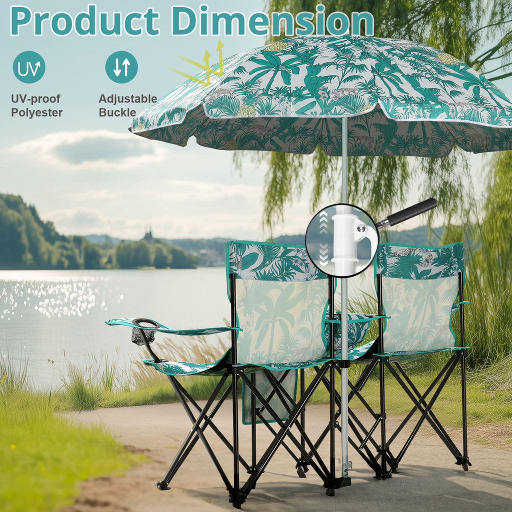Ktaxon Camping Loveseat Chair, Folding Double Outdoor Chair with Removable Sun Umbrella & Carrying Bag, Double Chairs with Cooler Bag for Lawn Fishing Outdoor, Gray