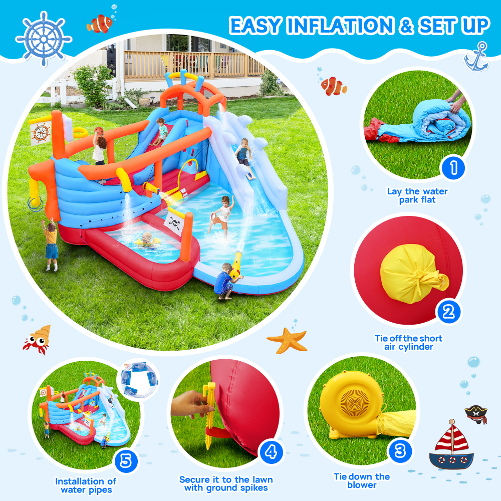 9 in1 Inflatable Slide Water Park Jump Area Dual Slides Climbing Wall  Anchor Ring Toss Basketball Hoop Dual Water Guns Shallow and Bathing Pools