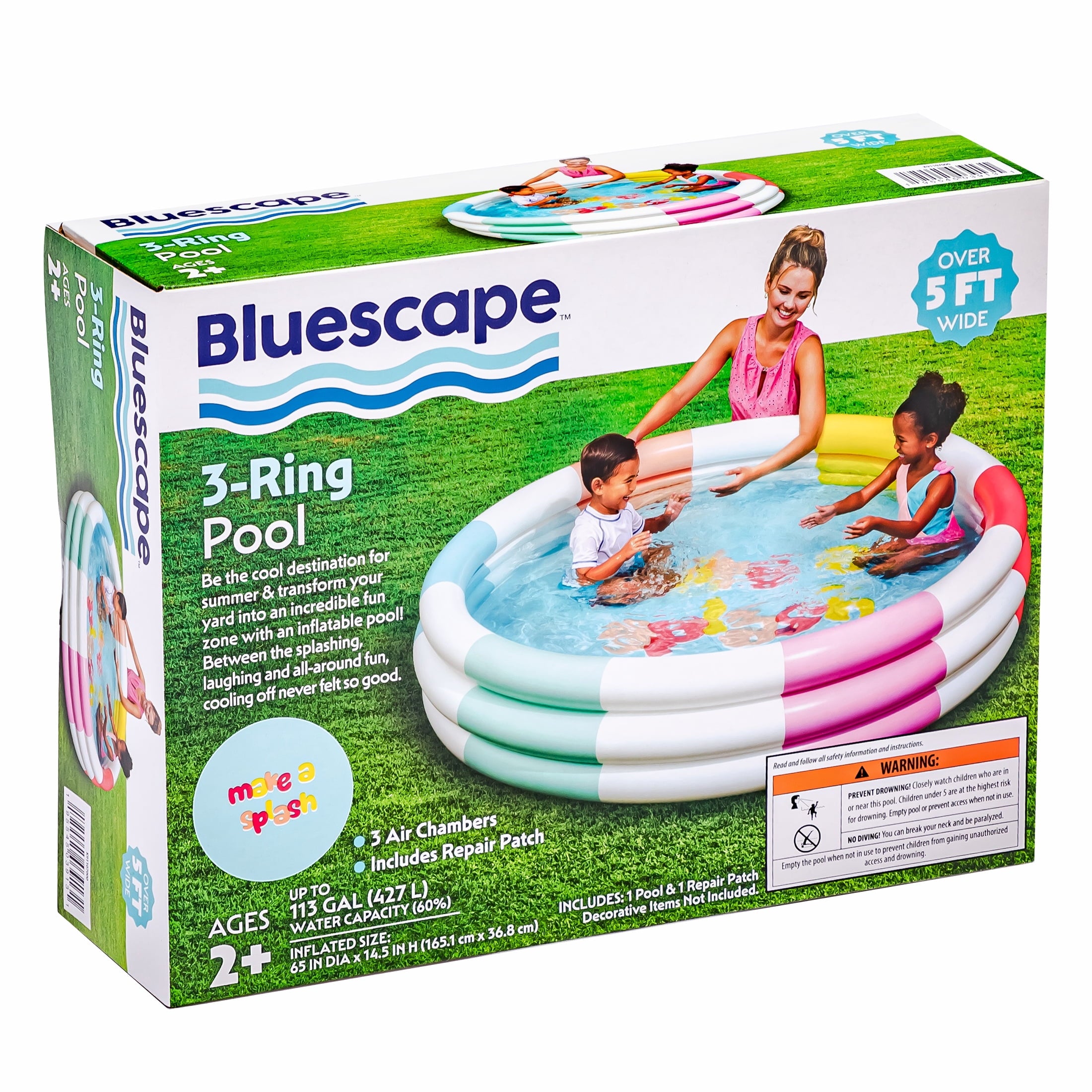 Bluescape Colorful Mermaid Print 3-Ring Inflatable Swimming Pool for Kids, Round, Age 2 & up, Unisex