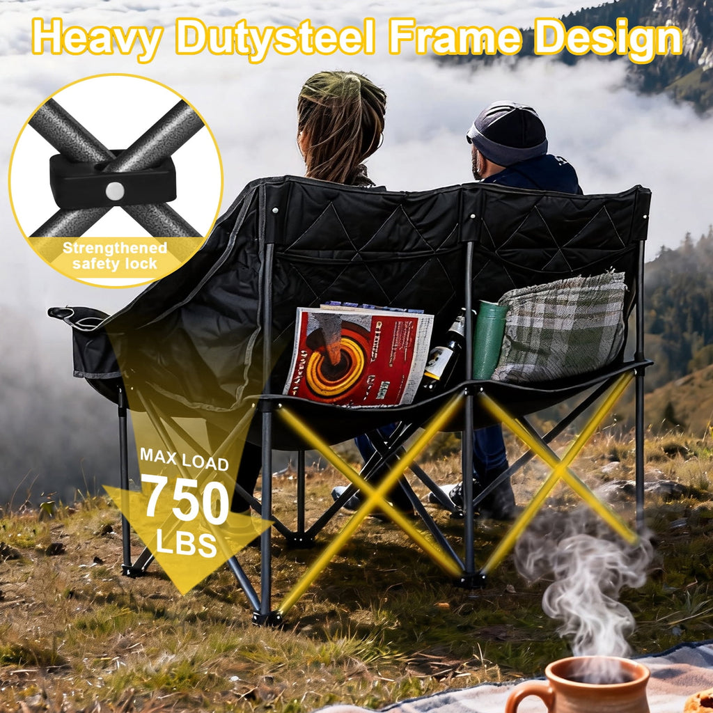 SUNSPIRE Oversized Camping Chair 2 Person Loveseat Heavy Duty Folding Outdoor Couch 750 lbs Padded Double Duo Sofa with Cup Holders Black