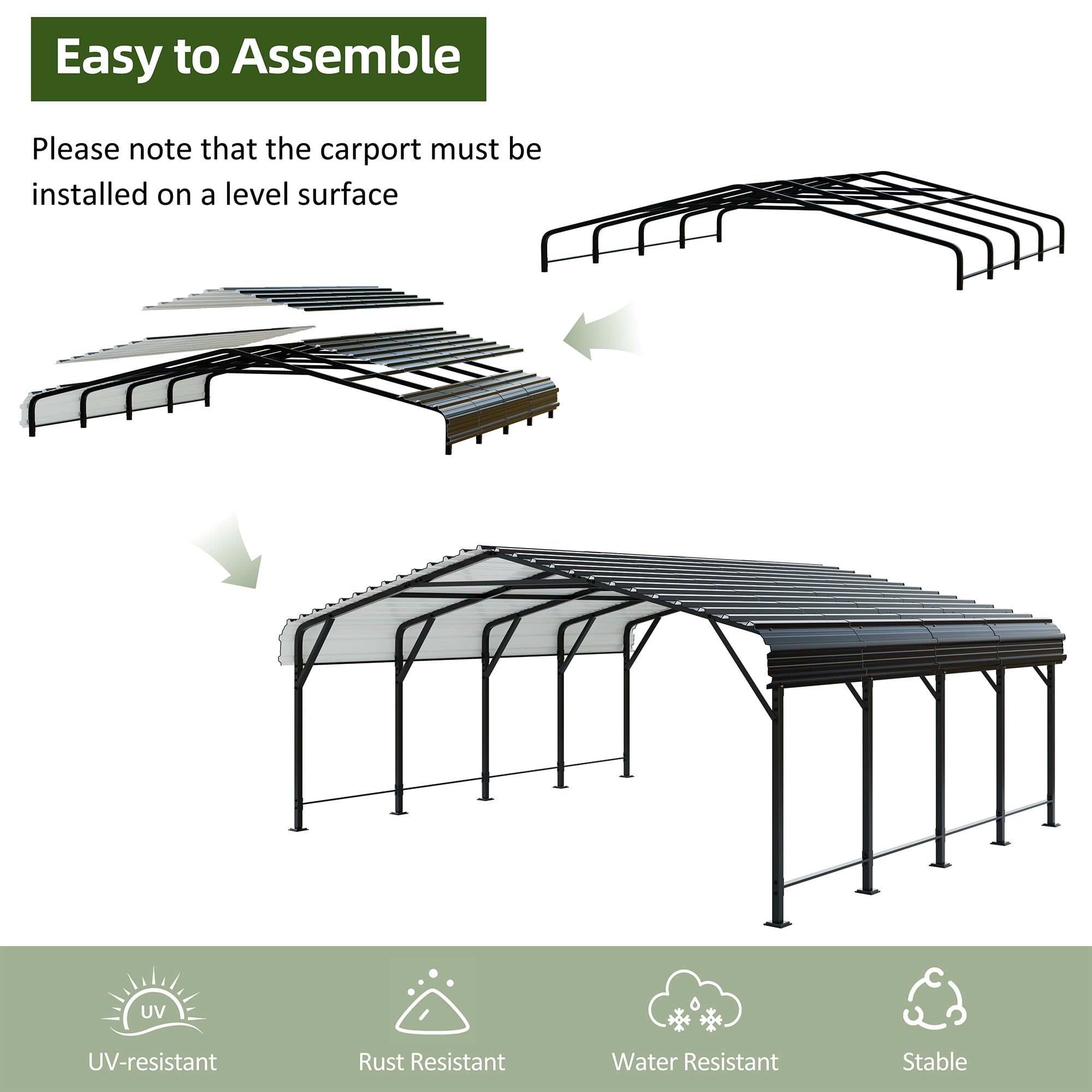 Walsunny 12X20 FT Carport, Outdoor Heavy Duty Carport Canopy with Galvanized Steel Roof, Metal Carport Extra Large Garage Car Storage Shelter, Gray