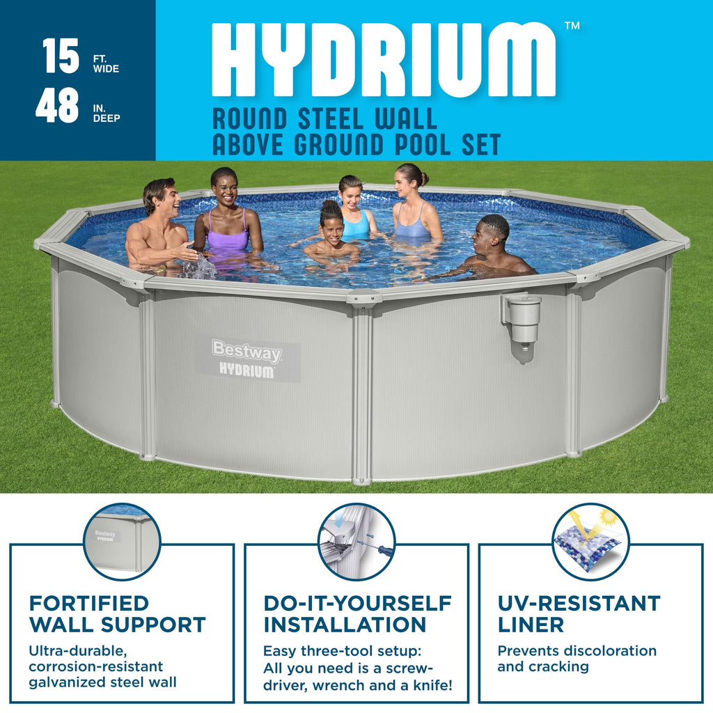 Bestway Hydrium 15' x 48 Steel Side Wall Above Ground Pool w/ Sand Pump & Accessories
