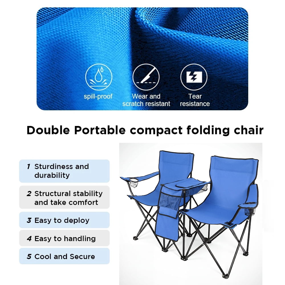 COWIN Outdoor Foldable Picnic Double Chair ,Camping Chairs with Umbrella Camping Double Portable Chairs Folding Beach Chair with Insulation Bag,Backpacking Blue