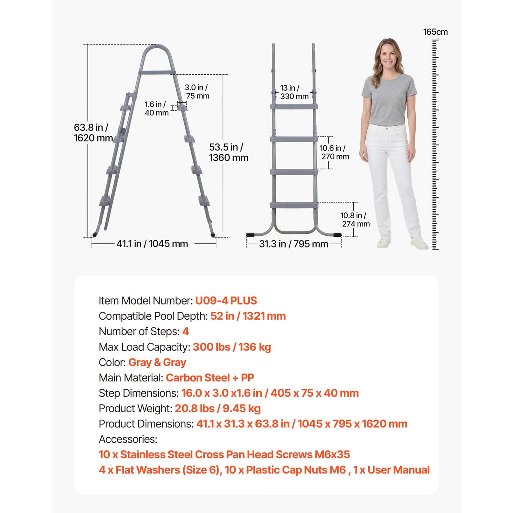 KFFKFF 4-Step Steel A-Frame Pool Ladder for Above-Ground Pools, Designed for 48-Inch Walls, 300 lbs Weight Capacity, Non-Slip Wide Steps, Easy Assembly, Gray and White