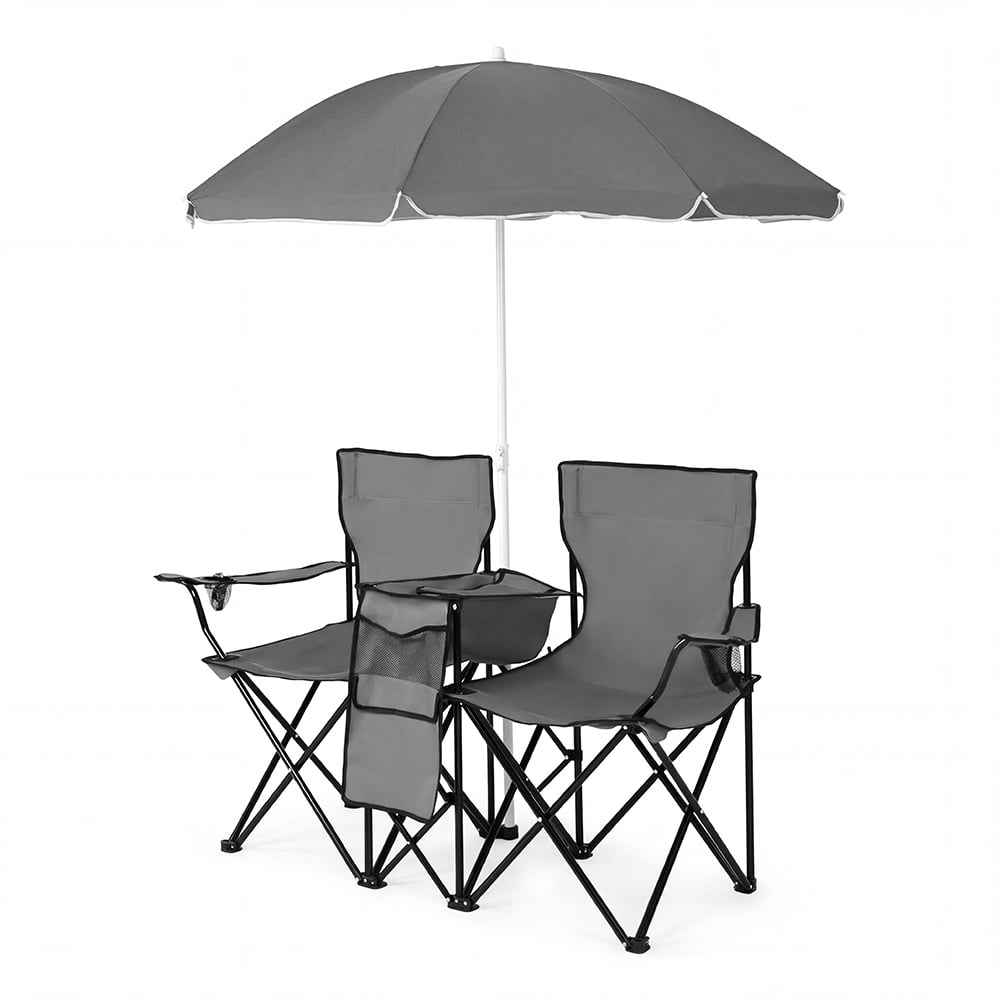 COWIN Outdoor Foldable Picnic Double Chair ,Camping Chairs with Umbrella Camping Double Portable Chairs Folding Beach Chair with Insulation Bag,Backpacking Blue