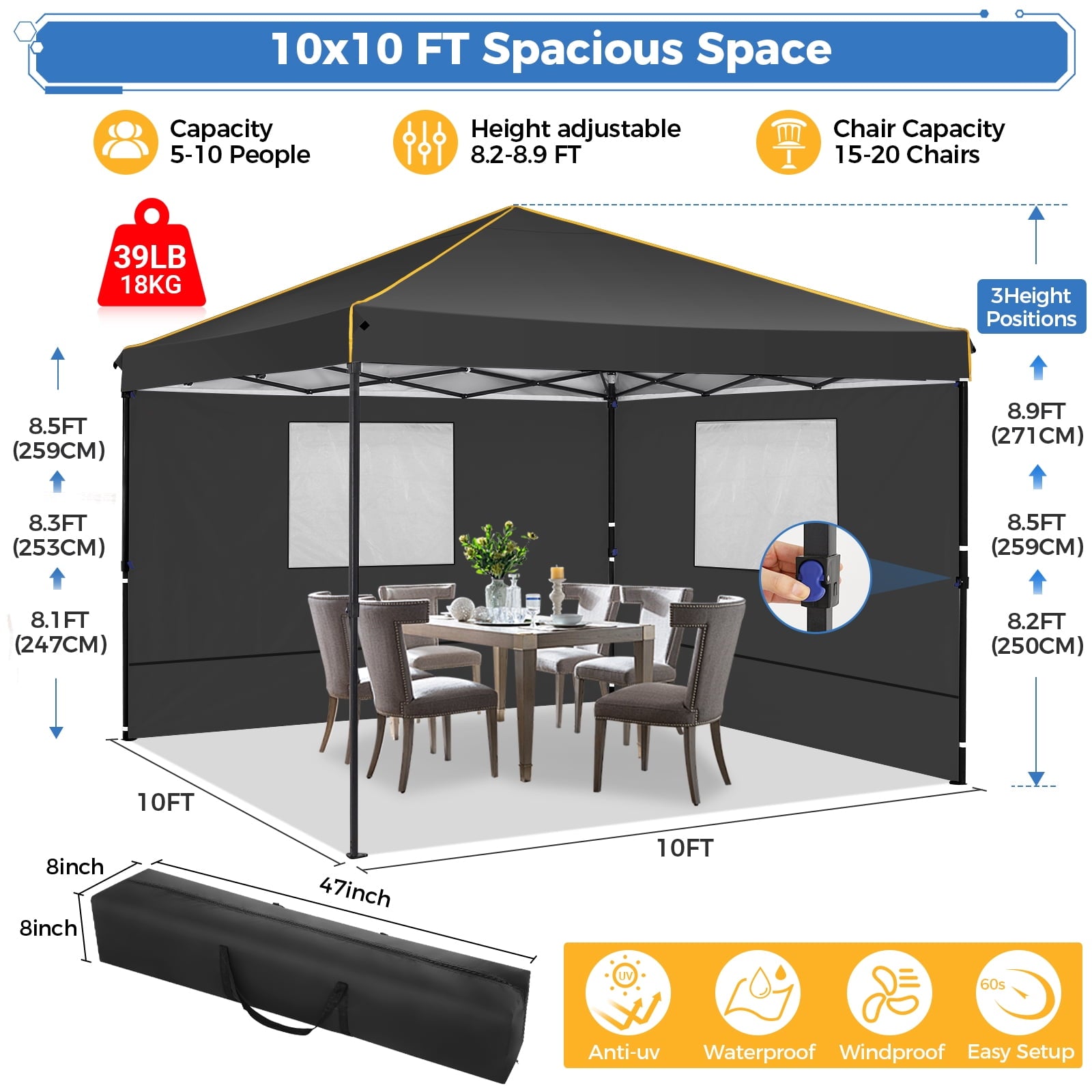 HOTEEL Pop up Canopy Tent 10x10 Commercial Instant Canopy with 4 Sidewalls & Carry Bag,Portable Tent for Parties Beach Camping Party Event Shelter Sun Shade,Dark Blue