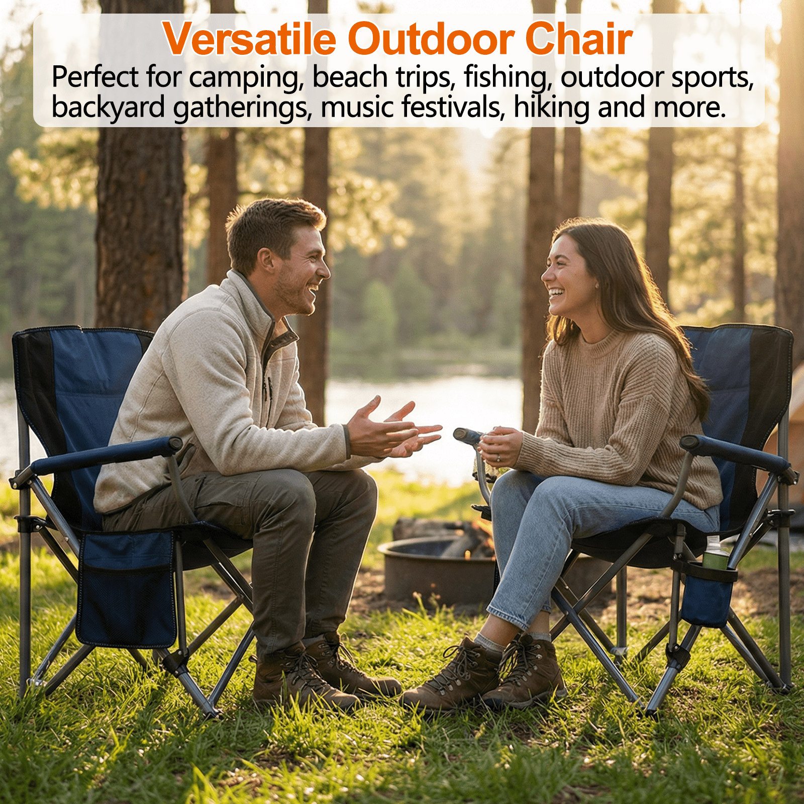 Camping Chairs for Adults, Portable Folding Lawn Chairs with Side Pockets & Cup Holder for Outside, Fishing, Camp & Garden