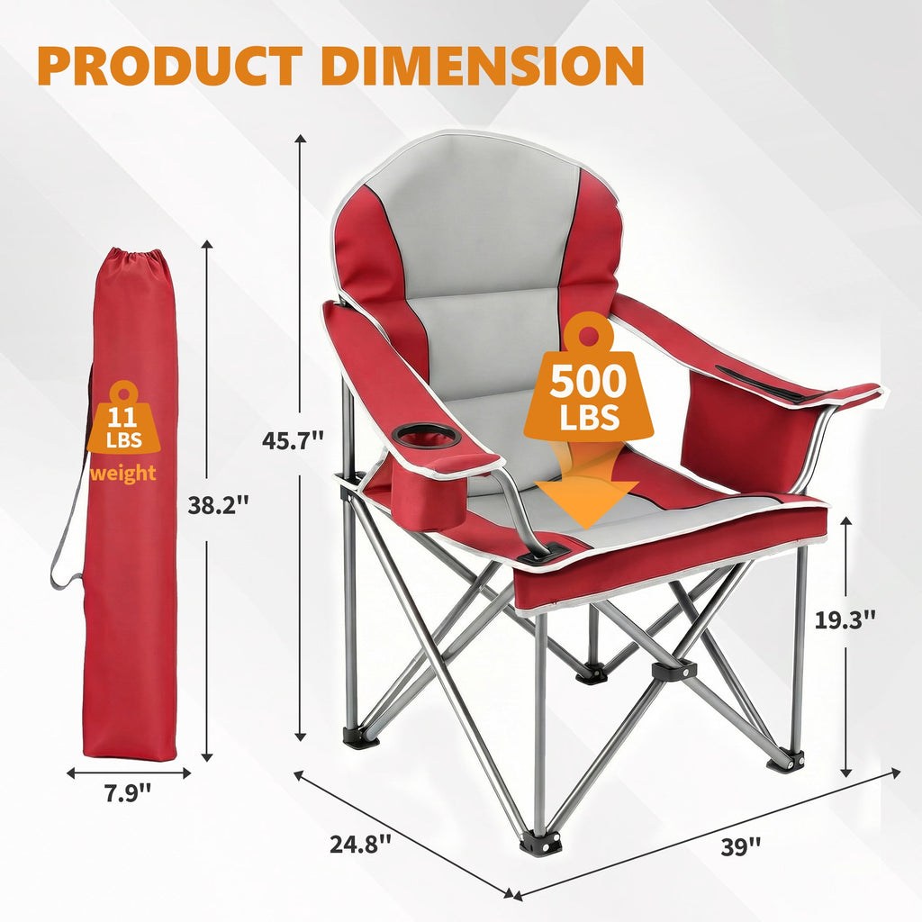 EDX Heavy Duty Camping Chair 500 lb Capacity, Oversized Extra Wide for Adults, Padded High Back Folding Lawn Chair, 500 lbs Steel Frame, Portable Outdoor Camping Chair with Cup Holder, Red Gray