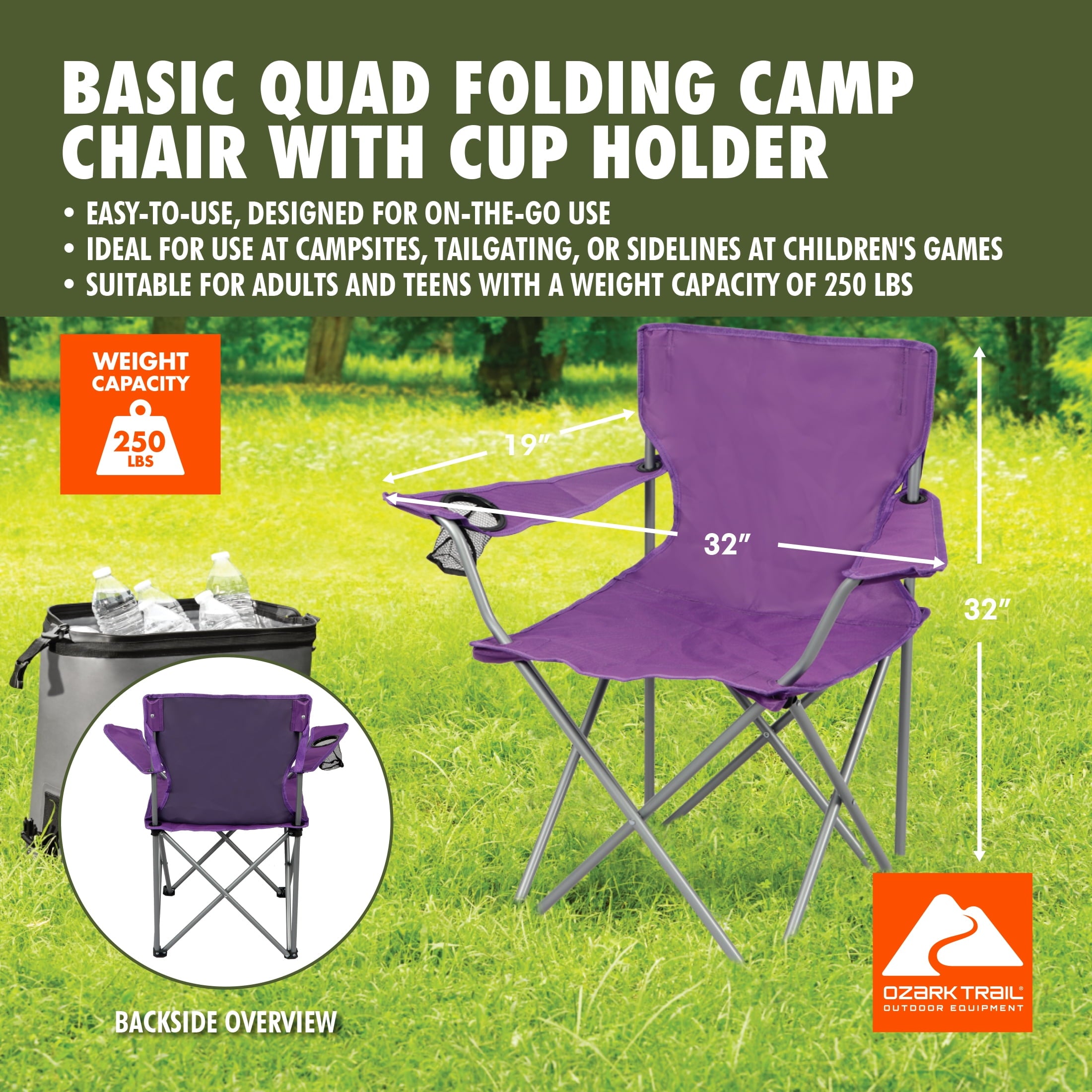 Ozark Trail Quad Folding Camp Chair with Cup Holder, Black