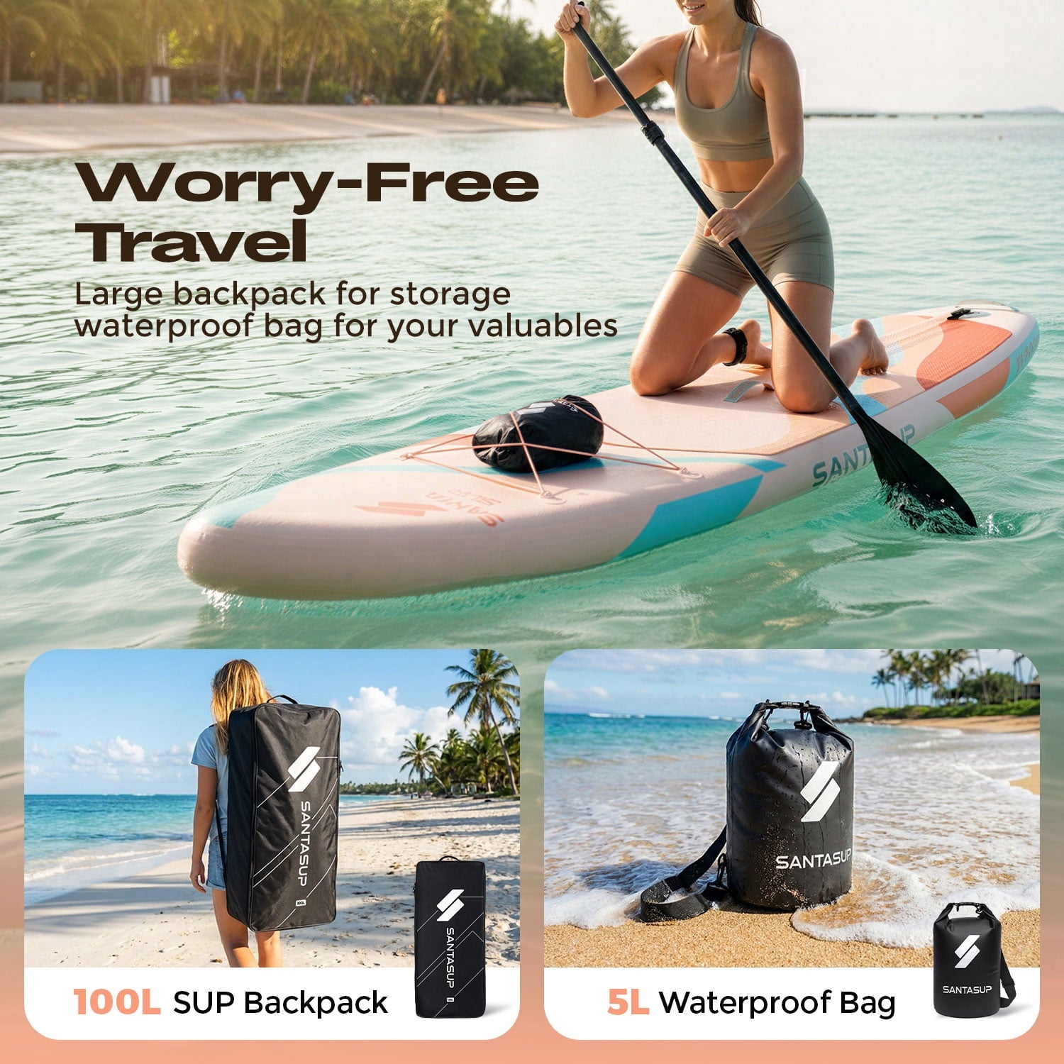 Santasup Blow Up Paddle Board Inflatable Paddle Board For Adults, 10ft Stand Up Paddleboard, Sup Board With Sup Accessories, Non-Slip Deck, Adjustable Paddle, Travel Backpack Wide Stance Pink