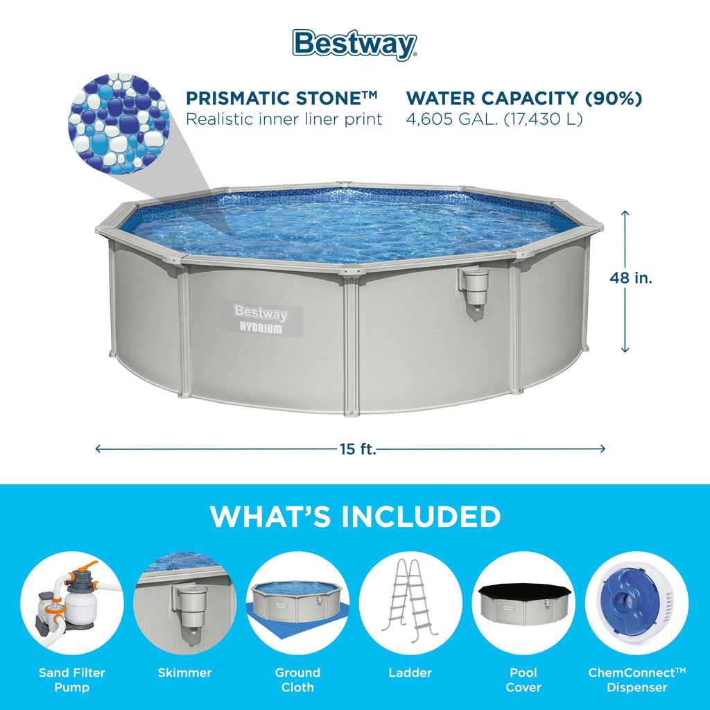 Bestway Hydrium 15' x 48 Steel Side Wall Above Ground Pool w/ Sand Pump & Accessories