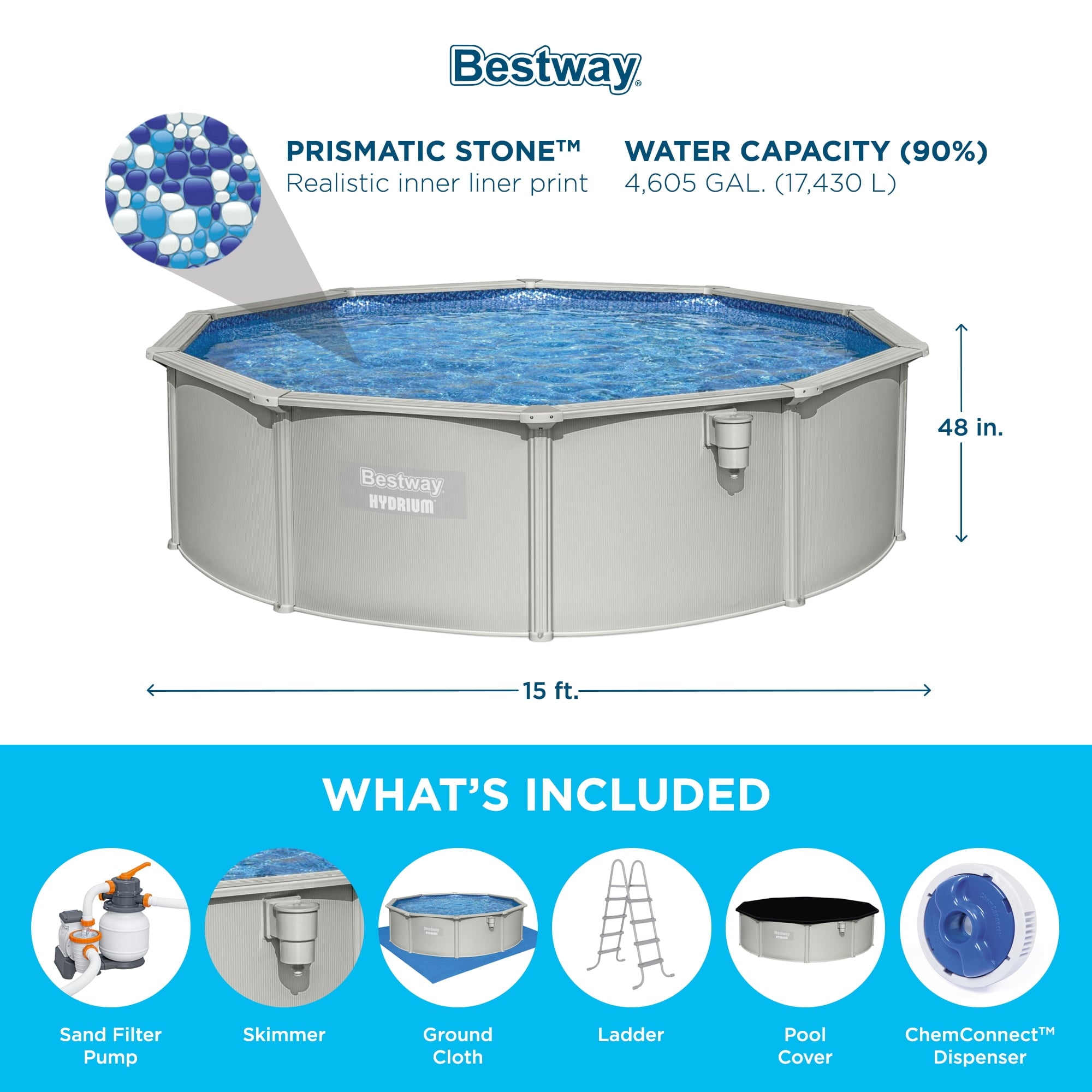 Bestway Hydrium 15' x 48 Steel Side Wall Above Ground Pool w/ Sand Pump & Accessories