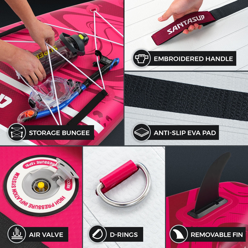 Santasup Blow Up Paddle Board Inflatable Paddle Board For Adults, 10ft Stand Up Paddleboard, Sup Board With Sup Accessories, Non-Slip Deck, Adjustable Paddle, Travel Backpack Wide Stance Pink