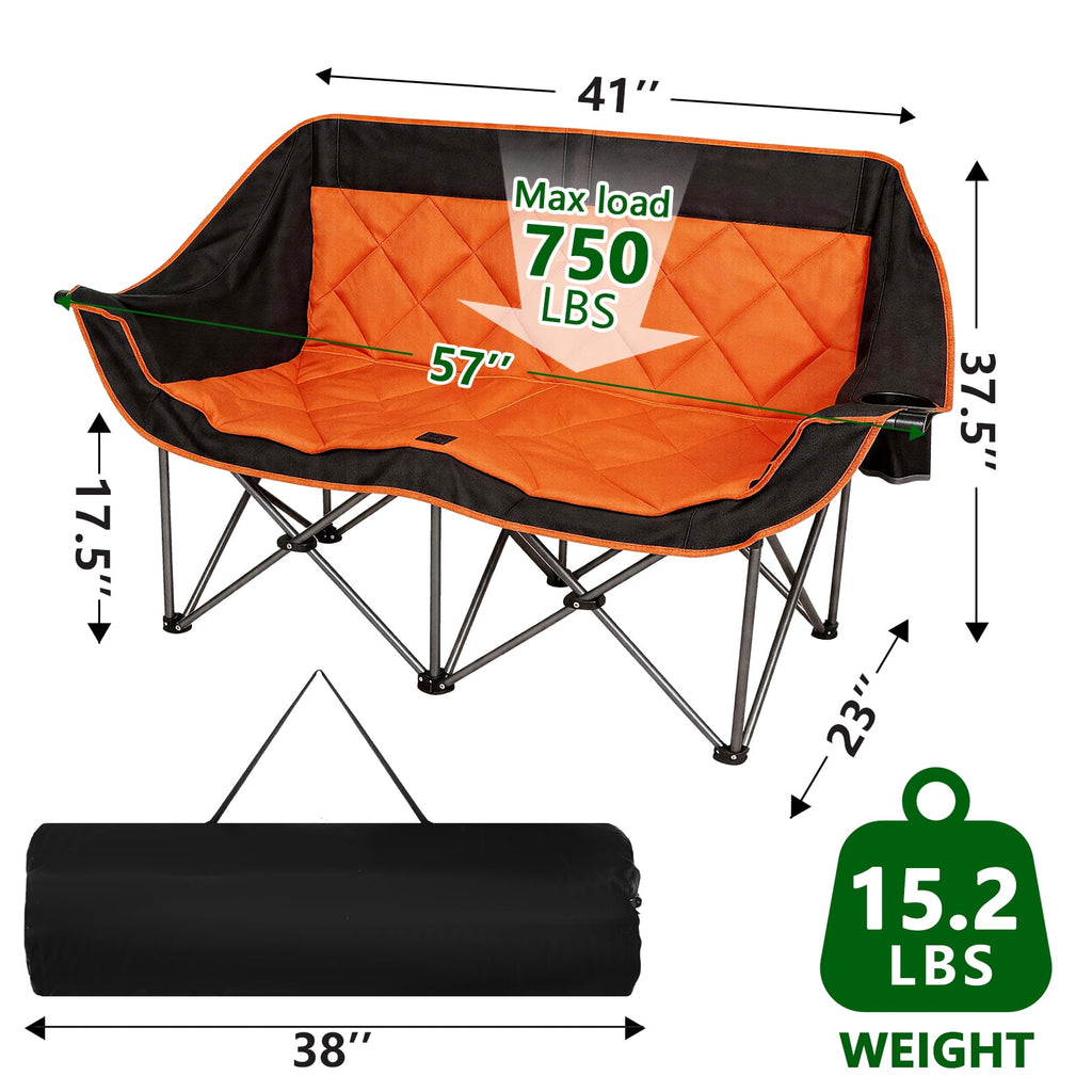 SUNSPIRE Oversized Camping Chair 2 Person Loveseat Heavy Duty Folding Outdoor Couch 750 lbs Padded Double Duo Sofa with Cup Holders Black