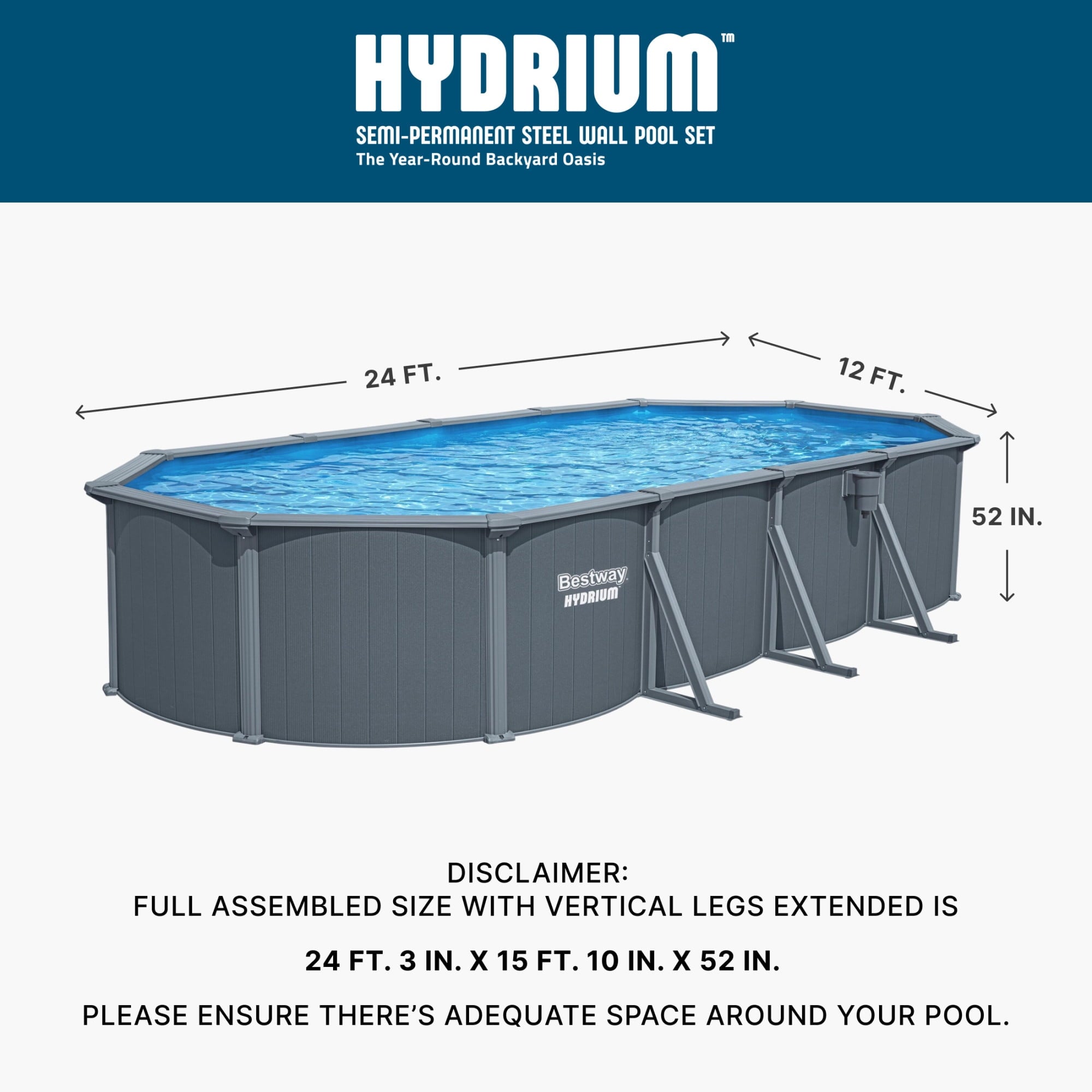 Bestway Hydrium 24' x 12' x 52 Steel Side Wall Above Ground Pool w/ Sand Pump & Accessories