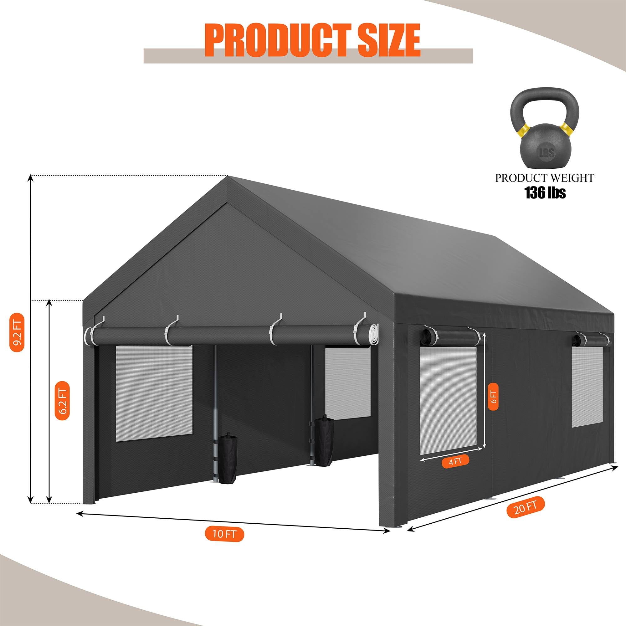 Walsunny 10x20 ft Carport with 4 Sandbags Heavy Duty Car Canopy with Roll-up Windows Portable Garage with Removable Sidewalls & Doors Khaki