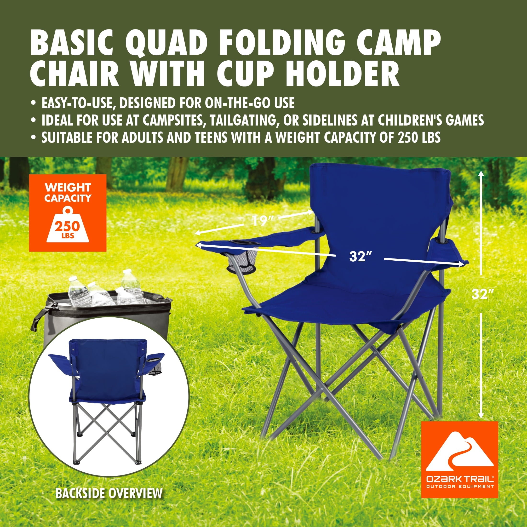 Ozark Trail Quad Folding Camp Chair with Cup Holder, Black