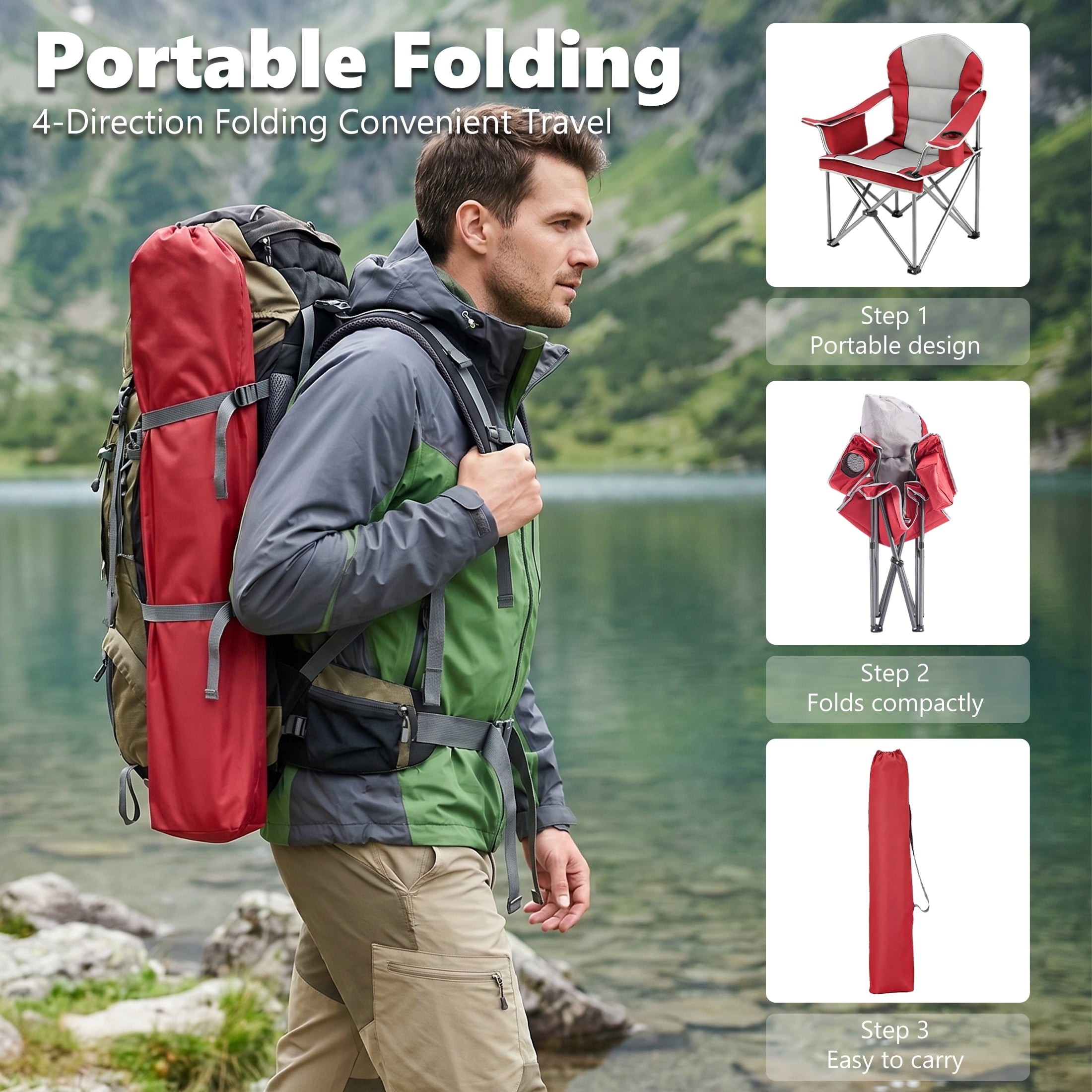 EDX Heavy Duty Camping Chair 500 lb Capacity, Oversized Extra Wide for Adults, Padded High Back Folding Lawn Chair, 500 lbs Steel Frame, Portable Outdoor Camping Chair with Cup Holder, Red Gray