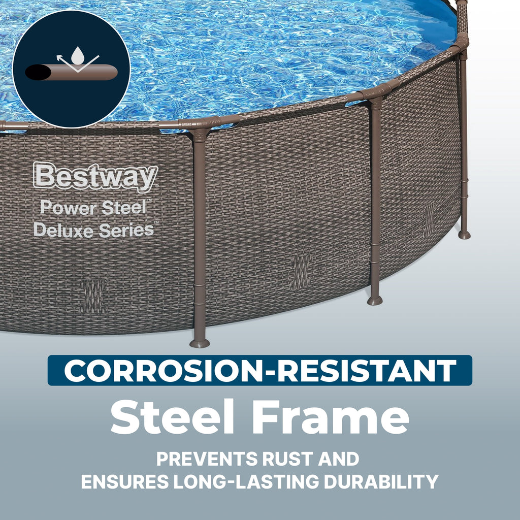 Bestway Power Steel 14’x42” Metal Frame Above Ground Pool w/ Pump, Ladder, & Cover, Brown