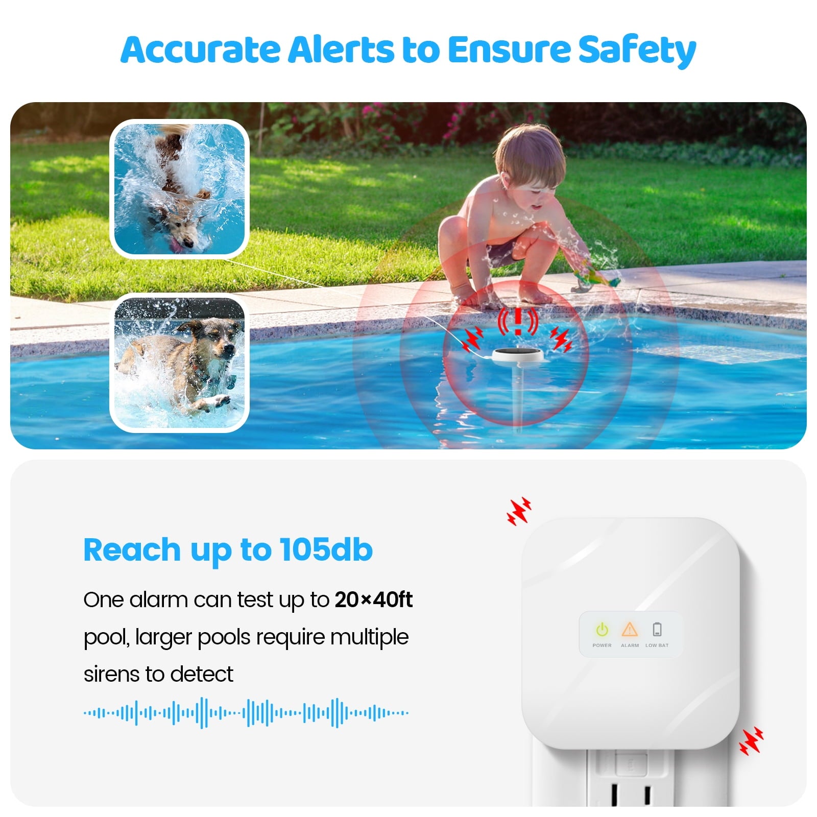 Pool Alarm, Briidea Solar Wave Pool Alarm, Summer Pool Safety, Indoor/Outdoor Dual Alert, Adjustable Sensitivity