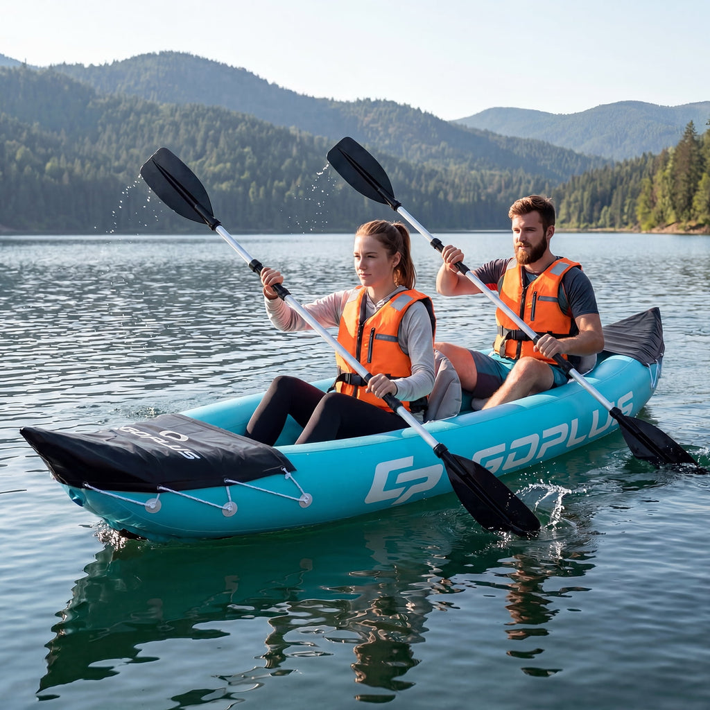 Goplus Inflatable Kayak 2 Person, Heavy Duty Tandem Touring Kayak with Aluminum Paddles Green + Black
