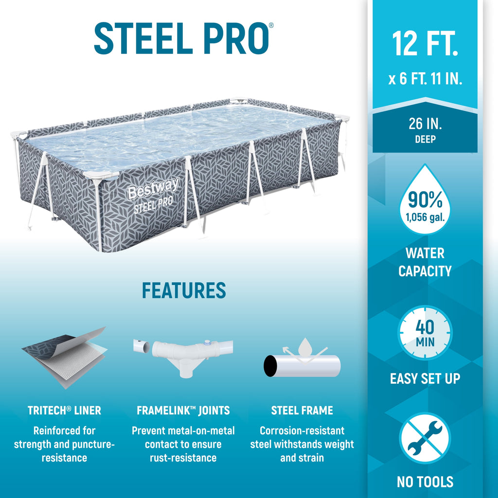 Bestway Steel Pro Rectangle Above Ground Pool Set, 12' x 6'7 x 26