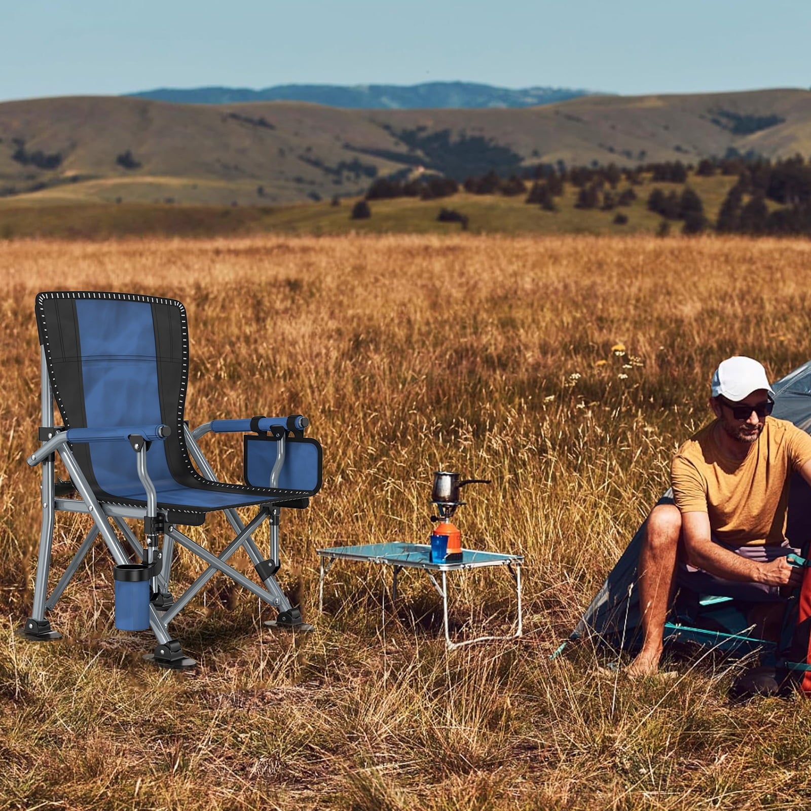 LNOW Folding Camping Chair with Cup Holder & Side Pocket Lightweight Portable Chairs for Beach, Sports, Fishing, ‌‌Black