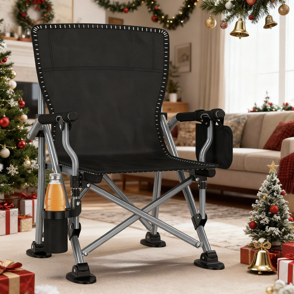 LNOW Folding Camping Chair with Cup Holder & Side Pocket Lightweight Portable Chairs for Beach, Sports, Fishing, ‌‌Black