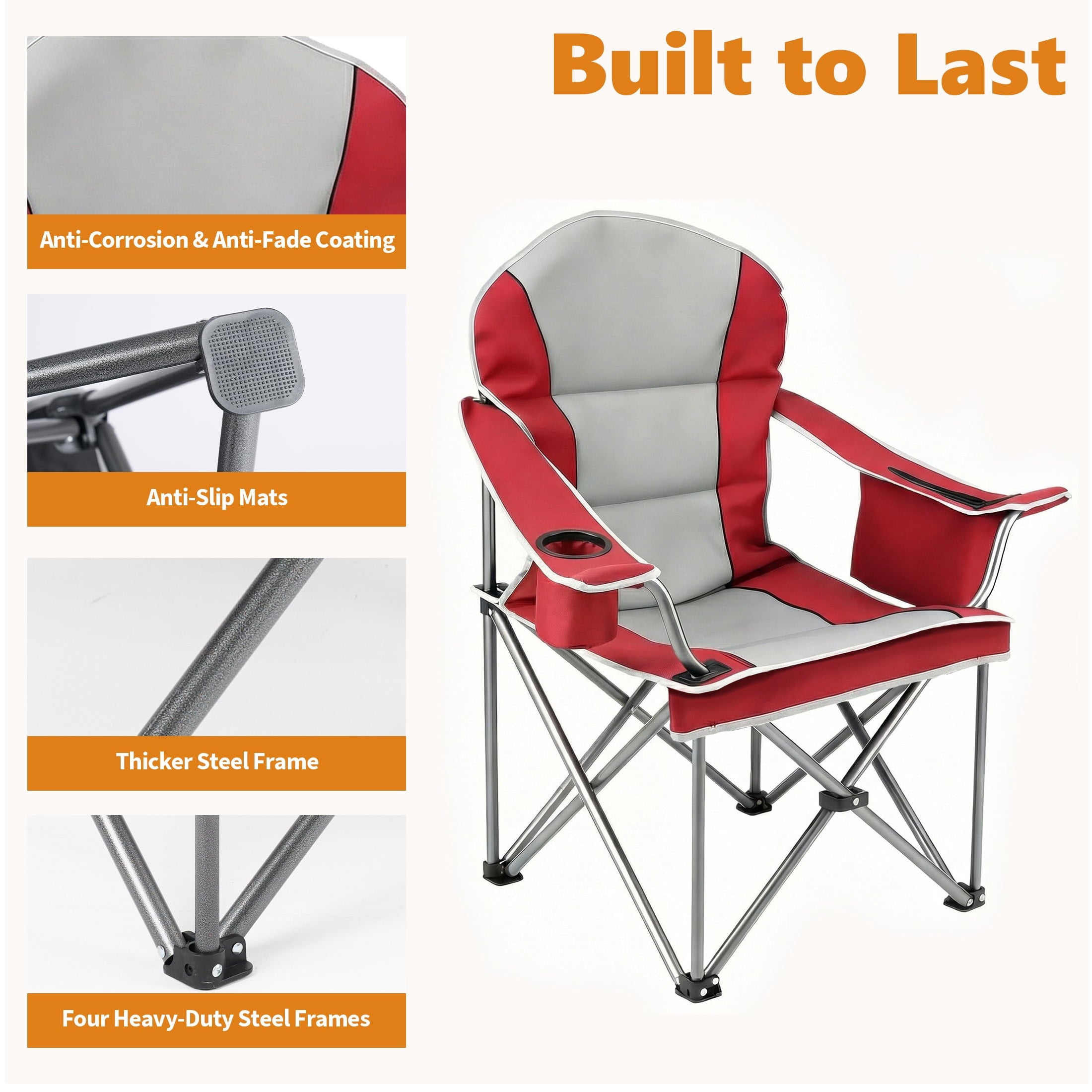 EDX Heavy Duty Camping Chair 500 lb Capacity, Oversized Extra Wide for Adults, Padded High Back Folding Lawn Chair, 500 lbs Steel Frame, Portable Outdoor Camping Chair with Cup Holder, Red Gray